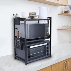 Microwave Oven Rack-Expandable Microwave Stand, With 6 Hooks/Cutlery Storge, Kitchen Storage Rack, For Kitchen Countertop Organizer, Kitchen Storage Tools, 3 Tier (L15.7~23.6" X W14.2" X H30.7") -Safavieh Furniture 41ZTbcF3Y4L