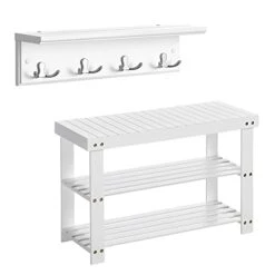 SONGMICS Shoe Bench Bundle With Coat Rack, 3-Tier Bamboo Shoe Rack, Wall Mounted Coat Rack, Wall Shelf With Hooks, For Entryway Closet Guest Room, White ULBS004W01 And ULHR42WT