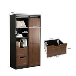 Classic Style Rectangular Wooden Storage Wardrobe With A Sliding Barn Door, Two Drawers And Three Shelves, Suitable For Bedroom And Cloakroom, Black Brown