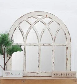 Rustic Wood Arched Window Mirror Wall Decor, Cathedral Window Wall Mirror, Shabby Chic Farmhouse Mirror For Living Room, Bedroom, Dining Room Entryway, Distressed White And Gold Foil, 31-7/8"H -Safavieh Furniture 41Zmy4C7OhL