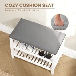 SEIRIONE Shoe Bench With Storage, Solid Bamboo Shoe Rack Bench, Shoe Storage Bench With Leather Cushion, 3 Tier Shoe Bench Entryway With Storage, Holds Up To 380 Lb, 23.6 Inch Wide, White -Safavieh Furniture 41ZqFoQS6EL