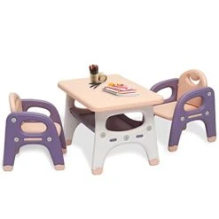 Kinsuite Children's Multi-Purpose Table And Chair Set, 1 Table And 2 Chairs, Storage Space, Easy To Clean, Suitable For Children's Drawing Writing Reading Games, Khaki And Purple