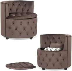 Homebeez Round Velvet Storage Ottoman, Button Tufted Footrest Stool Coffee Table For Living Room (Grey) -Safavieh Furniture 41ZyanLDsL. AC