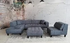 Stendmar 4pc 117" To 153" Upholstered Modern Dark Gray Microfiber Sectional Couch Sofa Chaise Chair Ottoman S1107LDG -Safavieh Furniture 41ZykSdeVSL