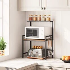 HOOBRO Microwave Oven Rack, Microwave Stand Countertop, Kitchen Countertop Shelf Organizer, Microwave Shelf With Hooks, Space Saver, For Kitchen, Living Room, Rustic Brown And Black BF09HB01 -Safavieh Furniture 41aKXhRZzbL