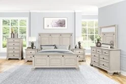 Va Wood Bedroom Set, King Panel Bed, Dresser, Mirror, Two Nightstands, Chest, Distressed Parchment