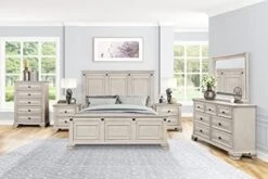 Va Wood Bedroom Set, King Panel Bed, Dresser, Mirror, Two Nightstands, Chest, Distressed Parchment -Safavieh Furniture 41aNFcTZ2sL. AC