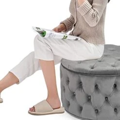 Homebeez Round Velvet Storage Ottoman, Button Tufted Footrest Stool Coffee Table For Living Room (Grey) -Safavieh Furniture 41acjwT3SLL