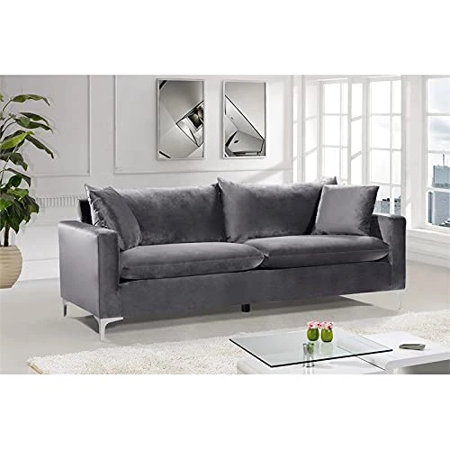 Meridian Furniture Naomi Collection Stainless 1 Modern | Contemporary Velvet Upholstered Sofa With Stainless Steel Base In A Rich Gold Or Chrome Finish, Grey 4 Meridian Furniture Naomi Collection Stainless 1 Modern | Contemporary Velvet Upholstered Sofa With Stainless Steel Base In A Rich Gold Or Chrome Finish, Grey - Image 4