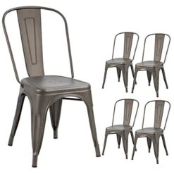 Devoko Metal Indoor-Outdoor Chairs Distressed Style Kitchen Dining Chairs Stackable Side Chairs With Back Set Of 4 (Gun)
