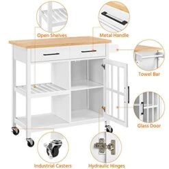 Yaheetech Kitchen Island On Wheels With Drawers, Rolling Kitchen Cart With Tempered Glass Storage Cabinet Door, Bamboo Top, 2 Tiers Shelves, And Towel Rack, 40x18x36 Inches, White -Safavieh Furniture 41axjdyrb7L