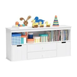 Timy Toy Storage Organizer With 2 Drawers, Wooden Toy Organizer Bins, Kids Bookshelf For Reading, Storing, Playing, White