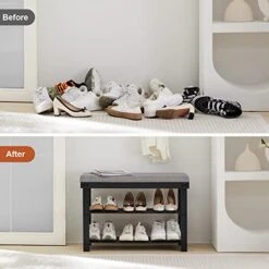 APICIZON 3-Tier Shoe Rack For Entryway, Bamboo Shoe Bench With Cushion Padded Seat, Small Shoe Organizer With Storage For Indoor Entrance Hallway Bedroom Living Room, Black -Safavieh Furniture 41b8quqJorL