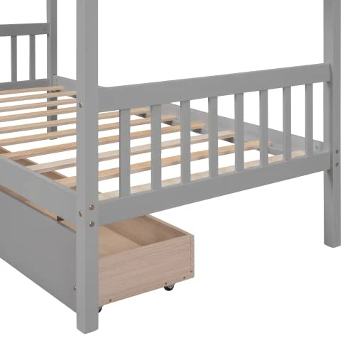 LLS Twin Size House Bed, Wood Bed Frame With 2 Drawers Storage, Headboards And Roof, Can Be Decorated For Children Boys Girls, Gray 4 LLS Twin Size House Bed, Wood Bed Frame With 2 Drawers Storage, Headboards And Roof, Can Be Decorated For Children Boys Girls, Gray - Image 4