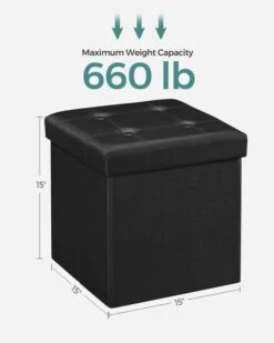SONGMICS 15 Inches Folding Storage Ottoman, Cube Footrest, Puppy Step, Coffee Table With Hole Handles, Max. Static Load 660 Lb, Faux Leather, Black ULSF30B -Safavieh Furniture 41bIH9XSQhL