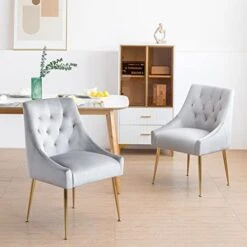 LONXIU Modern Dining Chair Set Of 2, Mid-Century Dining Room Chair, Upholstered Comfortable Dining Chair, Velvet Dining Chair With Back Pull Rod And Metal Legs For Kitchen, Dining, Living Room (Grey)