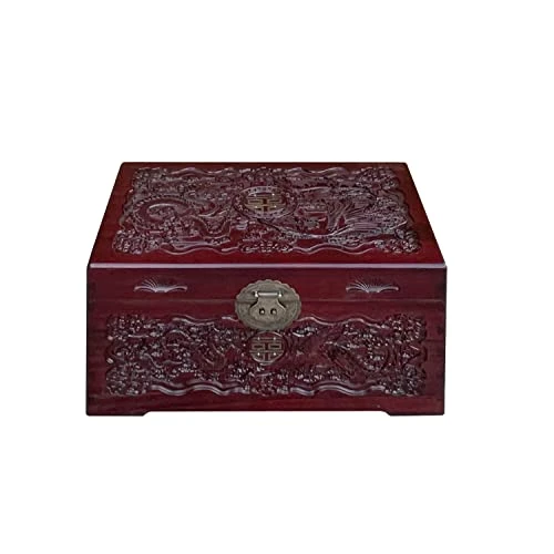 Small Oriental Burgundy Phoenix Dragon Carving Camphor Trunk Table Acs7531 2 Small Oriental Burgundy Phoenix Dragon Carving Camphor Trunk Table Acs7531 - Image 2