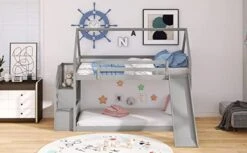 Harper & Bright Designs Twin Over Twin House Bunk Bed Frame With Slide And Storage Staircase For Kids, Grey -Safavieh Furniture 41bfm3mbSlL