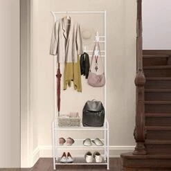 Bigzzia Coat Rack, 3 In 1 Metal Hall Tree With 8 Removable Hooks Handy Clothes Rail, Coat Rack FreeStanding With Shoe Storage Bench For Entryway Living Room Bedroom, White -Safavieh Furniture 41bmNCnJFXL