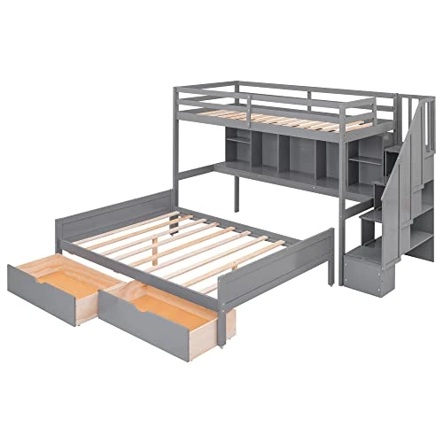Harper & Bright Designs Twin XL Over Full Bunk Bed Frame With Built-in Storage Shelves For Kids Boys Girls, Drawers And Staircase,Gray 6 Harper & Bright Designs Twin XL Over Full Bunk Bed Frame With Built-in Storage Shelves For Kids Boys Girls, Drawers And Staircase,Gray - Image 6