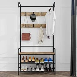 SUOERNUO Coat Rack Shoe Bench 3-in-1 Hall Tree Storage Shelf Organizer For Entryway Heavy Duty MDF Stand Coat Rack Industrial Accent Furniture With Stable Metal Frame (Rustic Brown + Black) -Safavieh Furniture 41c1WC2ycIL
