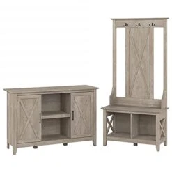 Bush Furniture Key West Entryway Storage Set With Hall Tree, Shoe Bench And 2 Door Cabinet, Washed Gray