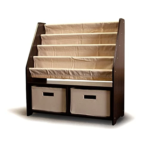 WonkaWoo Kids Sling Bookshelf Wooden Rack, 4 Levels Of Canvas Slings For Large Children Books And 2 Storage Bin Boxes For Toys Organizer, Espresso Shelf With Natural Fabric Slings 2 WonkaWoo Kids Sling Bookshelf Wooden Rack, 4 Levels Of Canvas Slings For Large Children Books And 2 Storage Bin Boxes For Toys Organizer, Espresso Shelf With Natural Fabric Slings - Image 2