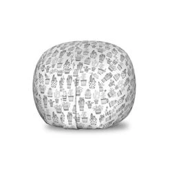 Ambesonne Cactus Storage Toy Bag Chair, Doodle Flowers In Pots With Polka Dots And Zig Zags Tropical Plants Monochrome, Stuffed Animal Organizer Washable Bag, Small Size, Grey And White