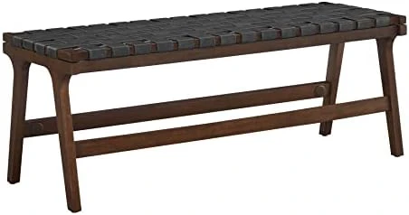 Ball & Cast Entryway Storage Bench Wood Frame Shoe Bench With Faux Leather Woven Shelf, 48 Inch Natural 6 Ball & Cast Entryway Storage Bench Wood Frame Shoe Bench With Faux Leather Woven Shelf, 48 Inch Natural - Image 6