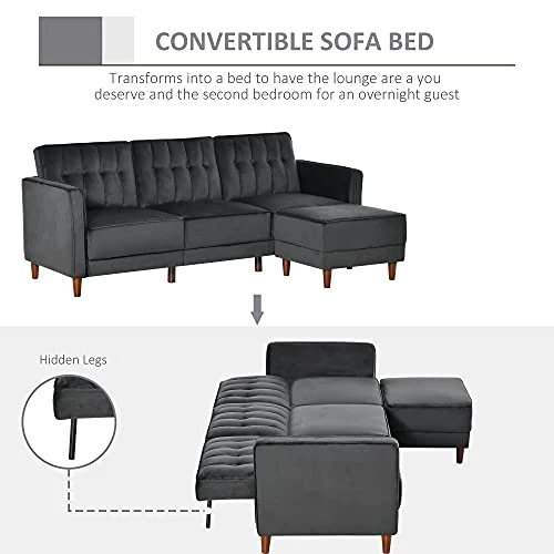 HOMCOM Upholstered L-Shaped Sofa Bed, Reversible Sectional Recliner Sofa Set, Velvet-Touch Sleeper Futon With Footstool, Black 4 HOMCOM Upholstered L-Shaped Sofa Bed, Reversible Sectional Recliner Sofa Set, Velvet-Touch Sleeper Futon With Footstool, Black - Image 4