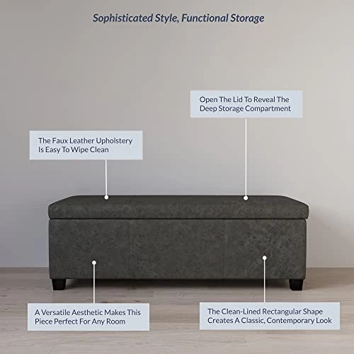 BELLEZE 47 Inch Storage Ottoman, Faux Leather Storage Bench Bedroom Bench With Safety Close Hinge, Ottoman With Storage For Living Room, Entryway, Hallway, Foot Rest, Support 300lbs - Rustic Gray 2 BELLEZE 47 Inch Storage Ottoman, Faux Leather Storage Bench Bedroom Bench With Safety Close Hinge, Ottoman With Storage For Living Room, Entryway, Hallway, Foot Rest, Support 300lbs - Rustic Gray - Image 2
