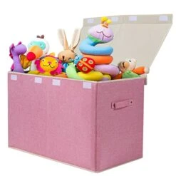 Popoly Large Toy Box Chest Storage With Flip-Top Lid, Collapsible Kids Storage Boxes Container Bins For Childrens Toys, Playroom Organizers, 25"x13" X16" (Linen Pink)