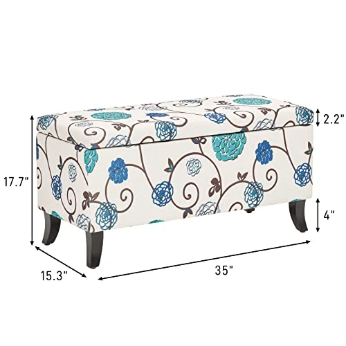 HUIMO Storage Ottoman, 35" Ottoman With Storage For Living Room, Script Printed Linen Upholstered Fabric Ottoman Foot Rest, Ottoman Bench For Bedroom End Of Bed, Entryway, Window Bench(Blue Flower) 2 HUIMO Storage Ottoman, 35" Ottoman With Storage For Living Room, Script Printed Linen Upholstered Fabric Ottoman Foot Rest, Ottoman Bench For Bedroom End Of Bed, Entryway, Window Bench(Blue Flower) - Image 2