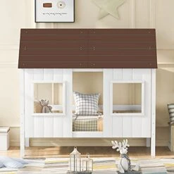 Bellemave Kids Wood House Bed/Twin Size Low Loft Bed With Two Front Windows,for Kids,Teens,Girls,Boys,Antique White -Safavieh Furniture 41cXJmnXJKL