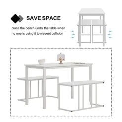Soges Dining Table Set For 4, Kitchen Table Set With 2 Benches, Elegant Space-Saving Dining Room Furniture, 3 Pieces Breakfast Table Set Dining Table With Bench Dining Room Bench Set, White -Safavieh Furniture 41clhc3RPaL