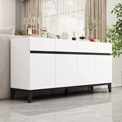 ECACAD Sideboard Buffet Cabinet With 4 Drawers, 4 Storage Compartments & 4 Doors, Kitchen Console Table Storage Cabinet Coffee Bar Accent Cabinet For Living Room, Hallway, White