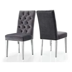 Meridian Furniture Juno Collection Modern | Contemporary Velvet Dining Chair With Luxurious Deep Tufting And Polished Chrome Metal Legs, Set Of 2, 19" W X 25" D X 42" H, Grey
