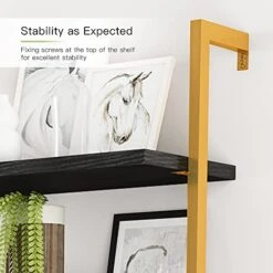 AWQM Industrial Wall Mounted Ladder Shelf, 5 Tier Bookshelf, Ladder Bookcase With Metal Frame, Organizer Plant Flower Display Stand, Open Bookcase Rack For Home Office, Balcony, Bathroom, Gold &Black -Safavieh Furniture 41dDQFjhi1L