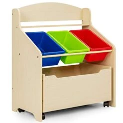 GENERIC BETTARY Wooden Toy Storage Organizer W/4 Movable Drawers, Multi-Bins Floor Storage Organizer, Toys Storage Display Organizer W/Wheels, Toy Chests & Organizers For Play Room, Reading Nook (Natural)