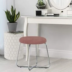 Round Backless Metal Vanity Stool With Upholstered Seat, Pink, 51111