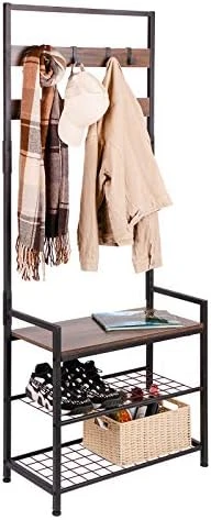 HOMEKOKO Coat Rack Shoe Bench, Hall Tree Entryway Storage Bench, Wood Look Accent Furniture With Metal Frame, 3-in-1 Design (Rustic Brown) 6 HOMEKOKO Coat Rack Shoe Bench, Hall Tree Entryway Storage Bench, Wood Look Accent Furniture With Metal Frame, 3-in-1 Design (Rustic Brown) - Image 6