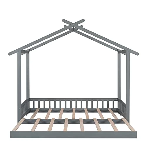 MERITLINE Twin House Bed Montessori Floor Bed Frame Wood Extendable House Bed For 2 Kids Boys Girls, Grey 5 MERITLINE Twin House Bed Montessori Floor Bed Frame Wood Extendable House Bed For 2 Kids Boys Girls, Grey - Image 5