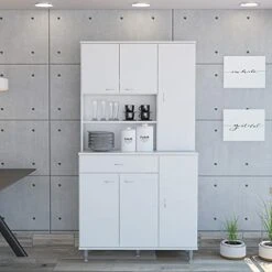 White Tall Wardrobe Cabinet, Kitchen Pantry Cupboard, Storage Buffet Cabinet, Sideboard With 6 Doors And A Drawer, Storage Cabinet For Entryway Dining Room Living Room