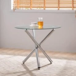 Round Glass Dining Table With Clear Tempered Glass Top, 4 Chrome Legs Round Table For 2 Or 4 Person, Modern Kitchen Table Furniture For Home Office Kitchen Dining Room(W 35.4 X L 35.4 X H 29.5 Inch) -Safavieh Furniture 41dcg2iPT1L. AC