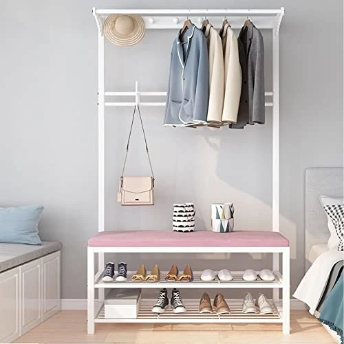 Entryway Bench With Coat Rack, Hall Tree With Bench And Shoe Storage, 2-Tier Storage Shelf And 7 Hooks Removable, Industrial Accent Furniture With Steel Frame ( Metal : White , Size : 31.5"W X 13"D X 1 Entryway Bench With Coat Rack, Hall Tree With Bench And Shoe Storage, 2-Tier Storage Shelf And 7 Hooks Removable, Industrial Accent Furniture With Steel Frame ( Metal : White , Size : 31.5"W X 13"D X