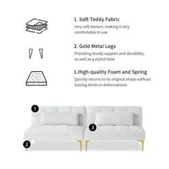 Olela Futon Sofa Bed, Convertible Sectional Sofa, 3-in-1 Sleeper Sofa, Teddy Fabric Loveseat With Gold Metal Legs, Tufted Armless Small Futon Couch For Living Room, Bedroom, Small Space, White -Safavieh Furniture 41dxCGYIkkL