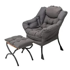 Welnow Lazy Chair With Ottoman, Modern Lounge Accent Chair With Armrests And A Side Pocket, Leisure Upholstered Sofa Chair Set, Reading Chair With Footrest For Small Space, Corner Chair, Dark Grey