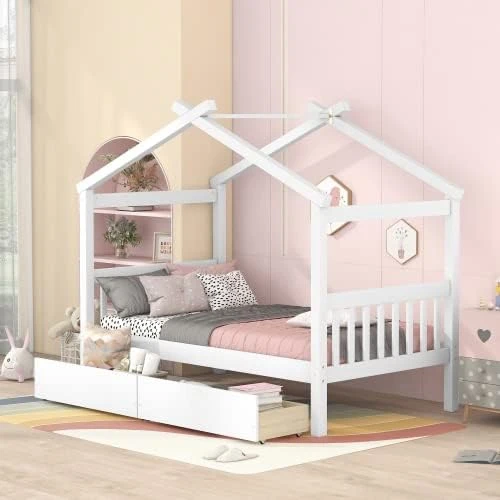 LLS Twin Size House Bed, Wood Bed Frame With 2 Drawers Storage, Headboards And Roof, Can Be Decorated For Children Boys Girls, Gray 10 LLS Twin Size House Bed, Wood Bed Frame With 2 Drawers Storage, Headboards And Roof, Can Be Decorated For Children Boys Girls, Gray - Image 10