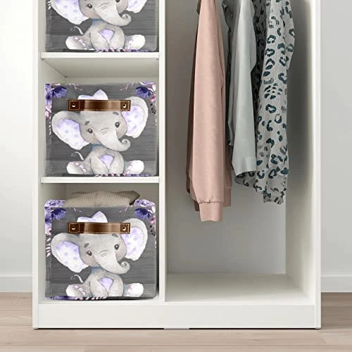 Violet Purple Floral Elephant Personalized Large Storage Box For Toy,Bathroom,Nursery,Home Kitchen Shelves,Custom Closet Decorative Storage Bins 4 Pack 2 Violet Purple Floral Elephant Personalized Large Storage Box For Toy,Bathroom,Nursery,Home Kitchen Shelves,Custom Closet Decorative Storage Bins 4 Pack - Image 2