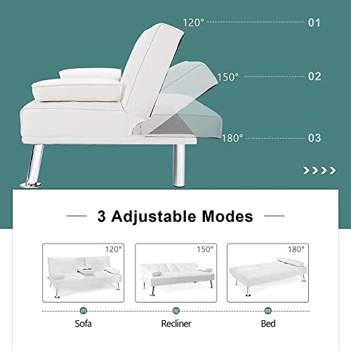 Anwick Modern Leather Futon Sofa Bed,Convertible Folding Couch Recliner Sleeper Loveseat For Small Space,Apartment,Office,Dorm,with Cup Holders And Removable Armrest (White) 4 Anwick Modern Leather Futon Sofa Bed,Convertible Folding Couch Recliner Sleeper Loveseat For Small Space,Apartment,Office,Dorm,with Cup Holders And Removable Armrest (White) - Image 4